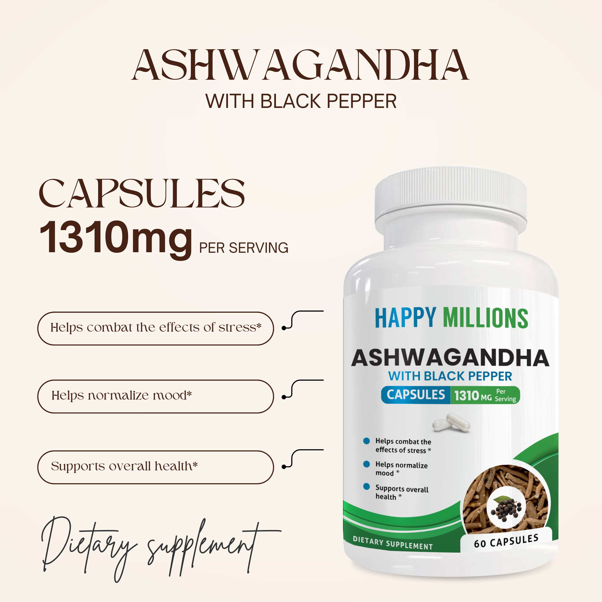 ASHWAGANDHA WITH BLACK PEPPER & COLLAGEN COMPLEX Happy Millions